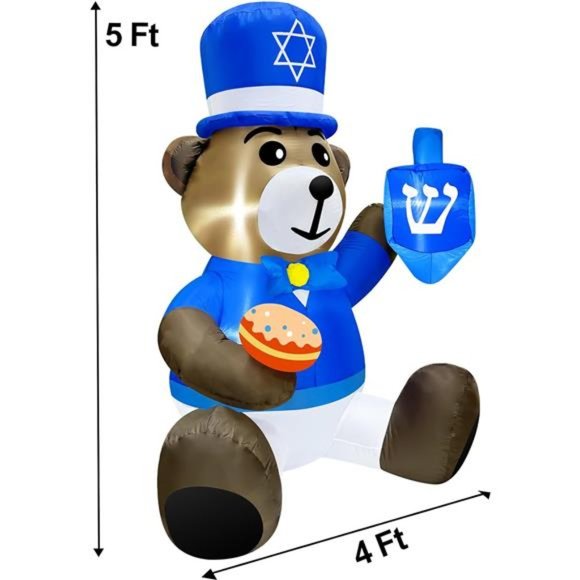 5 Ft Hanukkah Inflatable Outdoor Decor Bear Holds Dreidel Doughnut with Lights - Picture 5 of 6